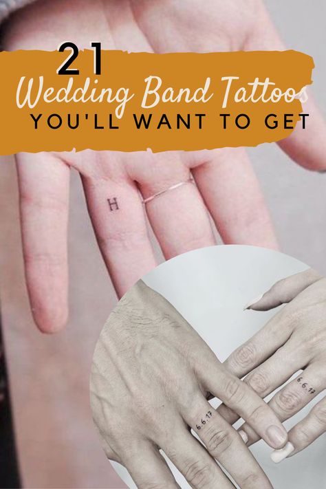 One of the latest trends in the wedding world is a wedding band tattoo. These fun tattoos can be designed with dates, names, matching designs or initials. Marriage Finger Tattoo Ideas, Cute Wedding Ring Tattoos, Wedding Band Tattoos For Couples, Dainty Wedding Ring Tattoos For Women, Finger Tattoos For Women Wedding, Tattoo Ideas Wedding Ring, Dainty Ring Finger Tattoo, Tattooed Wedding Rings Couple, Wedding Date Ring Finger Tattoos