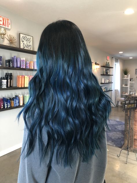 Black roots with blue at the ends Dark Roots Blue Hair, Blue Ends On Brown Hair, Blue Balyage Long Hair, Blue Hair With Brown Roots, Black Hair With Blue Ends, Black Roots Blue Hair, Hair Color Ideas For Brunettes Blue, Blue Hair With Black Roots, Blue Ends Hair Brown