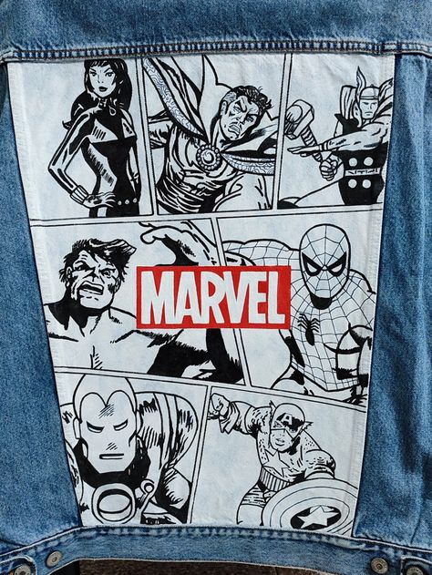 Marvel Jean Jacket, Marvel Denim Jacket, Spiderman Jean Jacket, Spiderman Denim Jacket, Denim Custom Jacket, Jeans Jacket Design, Jean Jacket Painted Ideas, Painted Jacket Ideas, Marvel Jeans