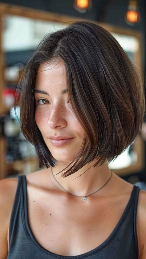 Bob Hairstyles Long Front Short Back, Bob Hair Styles For Round Face, Bob Deep Side Part, Hair Styles Chin Length, Short Hair Mid Size Woman, Sleek Chin Length Bob, Chin Length Bob Square Face, Razor Pixie Haircut, Short Haircut With Face Framing