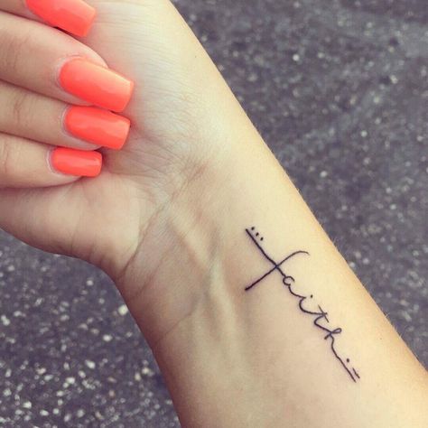 Faith tattoo Shanti Tattoo, Tattoos Weird, Word Tattoos On Arm, Faith Tattoo Designs, Small Words Tattoo, Tattoos On Arm, One Word Tattoo, One Word Tattoos, Cross Tattoos For Women