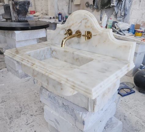 Calacatta Viola Marble Sink, Floating Sink With Backsplash, Marble Sink Vanity, Powder Room Sink, Wall Mounted Sink - Etsy Athena Calderone Bathroom, Trough Sink Bathroom Double, Marble Backsplash Bathroom, Marble Sink Powder Room, Marble Sink Vanity, Sink With Backsplash, Vanity Powder Room, Backsplash Marble, White Marble Sink