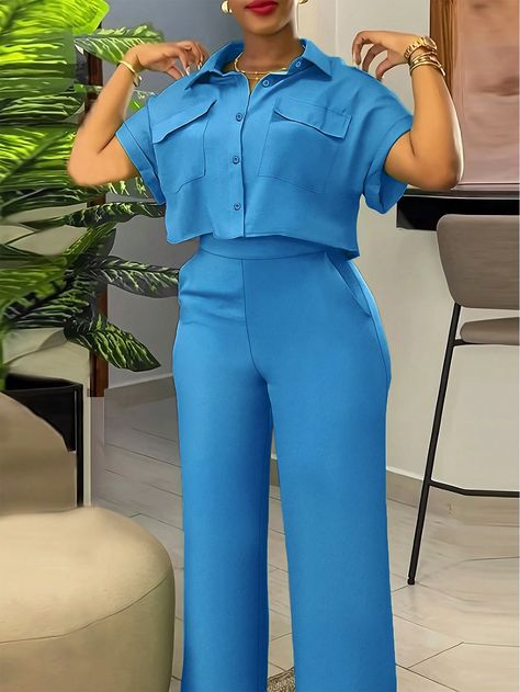 2pcs Summer Casual Solid Color Utility Crop Shirt And Pants Set Blue Casual    Plain  Non-Stretch  Women Clothing, size features are:Bust: ,Length: ,Sleeve Length: Two Piece Casual Outfits For Women, Two Piece Outfits Pants Casual, 2piece Outfits Pants, Two Piece Outfits Pants Classy, Two Piece Outfits Pants, New Look Clothes, Shirt And Pants Set, 2piece Outfits, Dinner Dress Classy