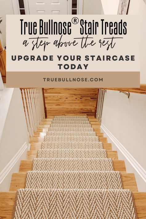 True Bullnose® Stair Treads are for the discerning DIYer that wants a high-quality alternative to the old school/costly full stair runner, which required professional installation and permanent nail damage to your wood stairs. Use our True Bullnose® Stair Treads to cover your steps. It takes about 10 seconds per step to install these! You set the built-in rigid bullnose against the end of the stair, lower the tread into place and press it down. That’s it! Stair Tread Ideas, Stair Tread Covers, Interior Stair Railing, Painted Staircases, Entry Stairs, Basement Inspiration, Carpet Stair Treads, Stair Remodel, Basement House