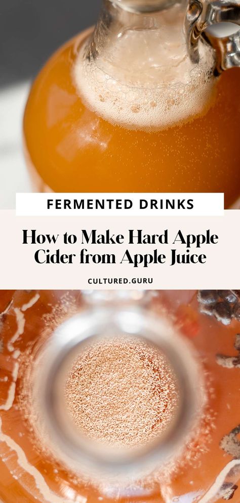 It's easy to ferment sparkling hard cider from apple juice. Learn how to make hard apple cider from just apple juice, sugar and yeast. How To Make Apple Cider From Apple Juice, How To Make Hard Cider, Apple Cider From Apple Juice, Hard Apple Cider Recipe, Hard Cider Recipe, Booze Board, Apple Cider Uses, Fermented Beverages, Making Hard Cider