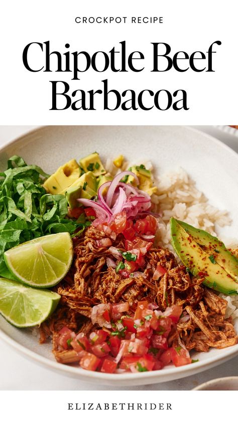 Make this flavorful and tender Chipotle Barbacoa at home! Perfect for tacos, burrito bowls, or meal prep, this slow-cooked shredded beef is infused with smoky chipotle, garlic, and lime. It's a must-try recipe for Mexican food lovers looking to elevate their meals. Save this pin for your next dinner inspiration! Shredded Beef Burrito Bowl, Carnitas Meals, Chipotle Barbacoa Recipe, Chipotle Barbacoa, Chipotle Bowls, Chipotle Beef, Crockpot Pot Roast, Chipotle Recipes, Beef Barbacoa