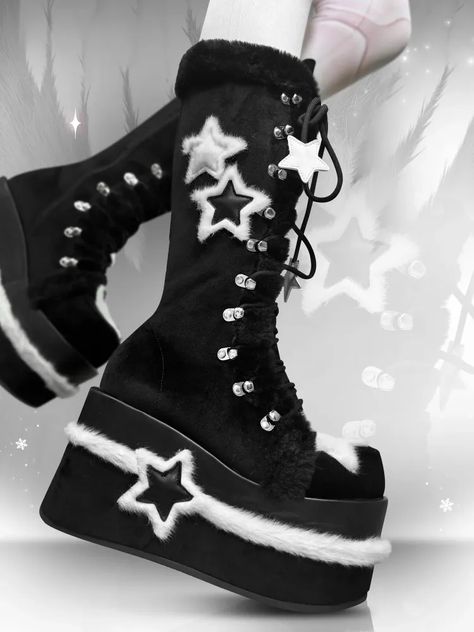 Fleece Star Patches Winter Black Platform Boots Black Platform Lace Up Boots, Winter Shoes Cute, Shoes Cute Aesthetic, Goth Outfits Platforms, Star Platform Shoes, Shoe Styles 2024, Star Inspired Outfits, Winter Boots Aesthetic, Alternative Fashion Winter