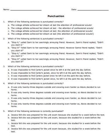 High School Worksheets Free Printable, Middle School Worksheets Free Printable, Grammar Worksheets High School, Middle School Grammar Worksheets, Punctuation Practice, Substitute Teacher Tips, Teaching Punctuation, Middle School Grammar, Grammar Punctuation