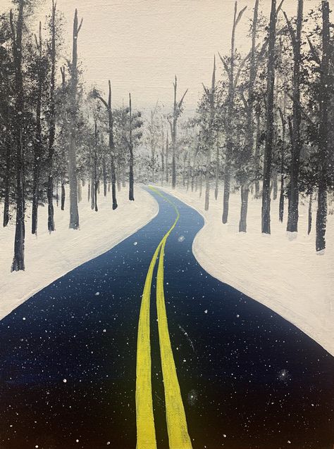 Winter Road Painting, Snowy Road Painting, 2024 Planning, Road Drawing, Road Painting, Winter Road, Bear Paintings, City Scape, Easy Art Projects