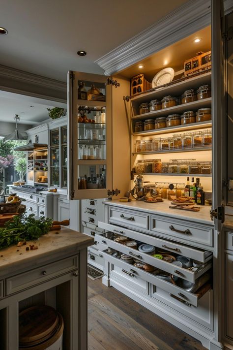 Beautiful Kitchen Garden, English Cottage Pantry, Kitchen And Pantry Layout, Diy Butlers Pantry, Luxury Homesteading, French Country Pantry, Beautiful Kitchens Luxury, Exposed Pantry, Huge Kitchen Luxury