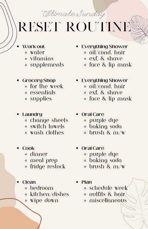 I love me a good reset day! Every Sunday I take the day to prepare myself for the new week. It just make a day out of it. Helps keep me organized and prepared for the next week. I'll swear by my Sunday resets, my weeks will complete me off without it. Reset Week, Reset Sunday, Sunday Reset Routine, Reset Day, Weekly Reset, 2024 Era, Reset Routine, Sunday Reset, Self Care Bullet Journal