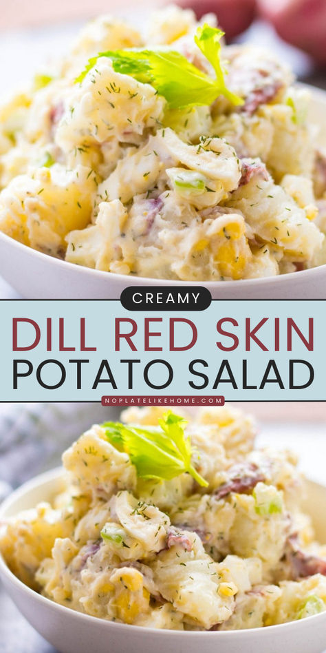 Add this Creamy Red Skin Dill Potato Salad to your favorite Spring food ideas! This salad recipe made of steamed potatoes seasoned with dill, boiled eggs, and mayonnaise. This vegetarian side dish also makes a great summer salad recipe! Potato Salad For Bbq, Classic Dinners, Potato Salad With Dill, Red Skin Potato Salad, American Potato Salad, Salad With Dill, Potato Salad Mustard, Potato Salad Dill, Potatoe Salad