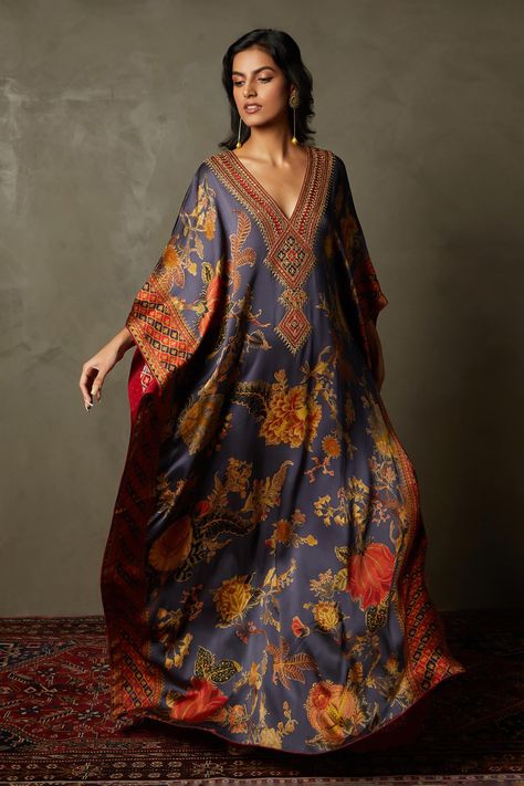 Shop for these amazing collections of Blue 100% Silk Embellished Floral V-neck Romantic Flower Kaftan For Women by RI.Ritu Kumar online at Aza Fashions. Silk Kaftan With Floral Embroidery In Maxi Length, Multicolor Kaftan With Floral Embroidery And Kimono Sleeves, Silk Maxi Kaftan With Floral Embroidery, Silk Floral Embroidered Maxi Kaftan, Silk Floral Print Floor-length Kaftan, Floor-length Silk Kaftan With Floral Print, Bohemian Floral Print Kaftan For Festivals, Festive Bohemian Kaftan With Floral Print, Floor-length Floral Silk Kaftan