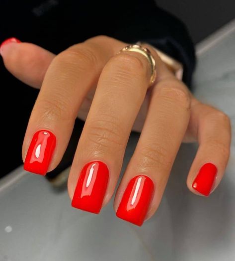 2023 Solid Nails, Pretty Squoval Nails, Red Short Nails Acrylic, Different Shades Of Red Nails, Shades Of Red Nails, Spray Nails, Sydney Core, Biab Nail, Bright Red Nails