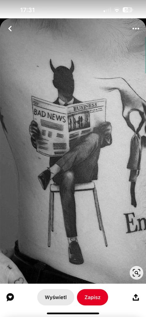 Mens Black Tattoos, Black Ink Tattoos Men, Bad News Tattoo, Newspaper Tattoo Ideas, Scp Tattoo, Devil Back Tattoo, Man Eater Tattoo, Devil Tattoo Men, Funny Skeleton Tattoo