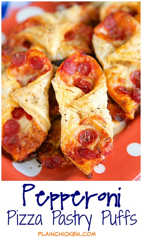 Pepperoni Pizza Pastry Puffs - two bite pizza! Only 5 ingredients and ready in 15 minutes! Perfect for parties and tailgating. We also like to eat these for a quick lunch. Whenever I take these to a party, there are never any left!! Can assemble and freeze for later. Pepperoni Pizza Puffs, Pizza Pastry, Puff Pastry Appetizers, Pastry Appetizer, Food Planning, Puff Recipe, Tailgating Recipes, Plain Chicken, Tailgate Food