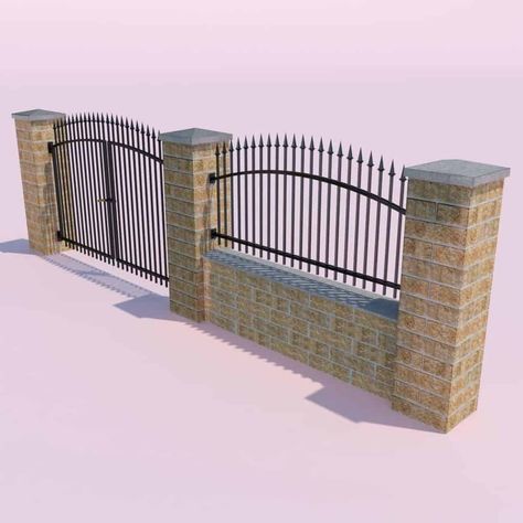 Gard Modern, Pagar Modern, Fence And Gate, Fence Wall Design, Wrought Iron Fence, Home Fencing, Compound Wall Design, Brick Columns, Fence Gate Design