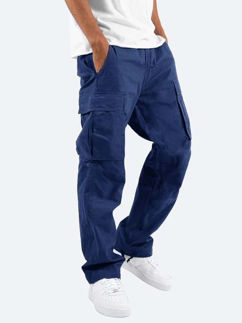 Navy Blue Street   Polyester Plain Cargo Pants Embellished Non-Stretch Spring/Summer/Fall Men Bottoms Blue Cargo Outfit Men, Navy Cargo Pants Outfit Men, Blue Cargo Pants Outfit Men, Cargo Outfit Men, Blue Cargo Pants Outfit, Navy Blue Cargo Pants, Outfits Cargo, Cargo Pants Outfit Men, Navy Cargo Pants