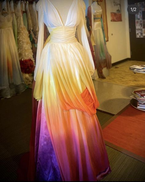 Sunset Prom Dress, Orange And Purple Dress, Neon Wedding Dress, Sun Themed Dress, Sunset Gown, Rainbow Prom Dress, Starfall Ball, Ombre Dresses, Jumpsuit Ideas