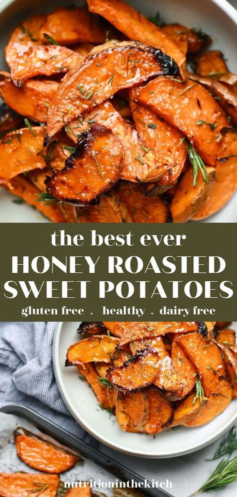 One of the most delicious sweet potato recipes, these honey roasted sweet potatoes are easy, gluten free, dairy free, and make the perfect Thanksgiving or Christmas dinner side dish! Roasted Sweet Potato Recipes, Honey Roasted Sweet Potatoes, Dairy Free Thanksgiving, Dairy Free Recipes Dinner, Gluten Free Thanksgiving, Dairy Desserts, Dairy Free Dinner, Thanksgiving Cooking, Roasted Sweet Potato