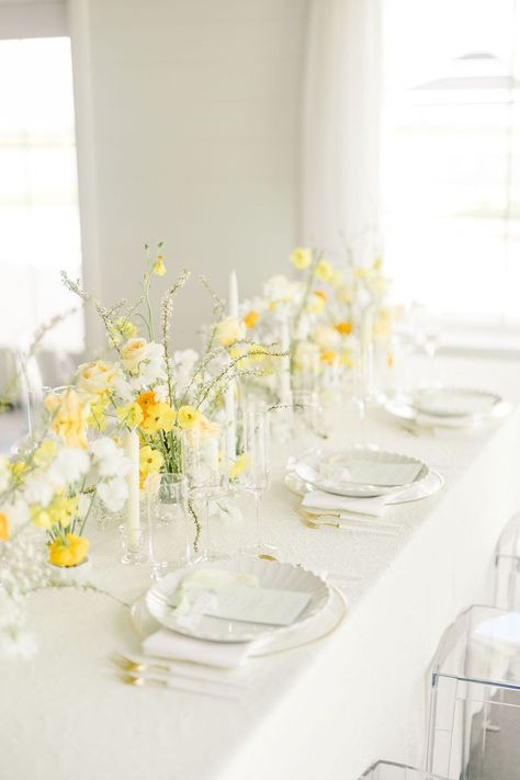 This dreamy tablescape is full of texture, modern touches and and warm yellows, creams and whites. Yellow Tablescape, Yellow White Wedding, Yellow Wedding Decorations, Yellow Wedding Theme, Yellow Wedding Flowers, White Bridal Shower, Yellow Table, Yellow Theme, Candle Wrap