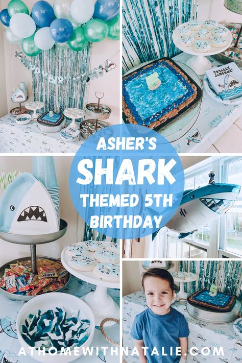 Asher’s 5th Birthday-Shark Party Theme – At Home With Natalie Shark Themed Pool Birthday Party, Jawsome Birthday Party, Shark Fifth Birthday, Diy Shark Birthday Party, Sharks Theme Birthday Party, Great White Shark Birthday Party, Under The Sea Shark Birthday Party, Shark Birthday Table Decor, Second Birthday Shark Theme