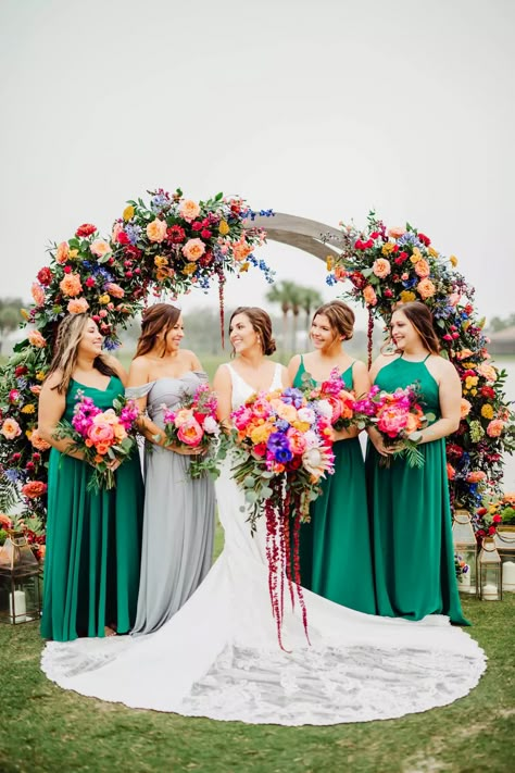 Bright Wedding Color Schemes Bridesmaid Dresses, Bold Wedding Color Schemes, 2024 Wedding Flower Trends, Jewel Tone Summer Wedding, Unique Wedding Color Schemes Spring, Bright Wedding Color Schemes, Boho Bridesmaid Dresses, Hood Wedding, Summer Ceremony