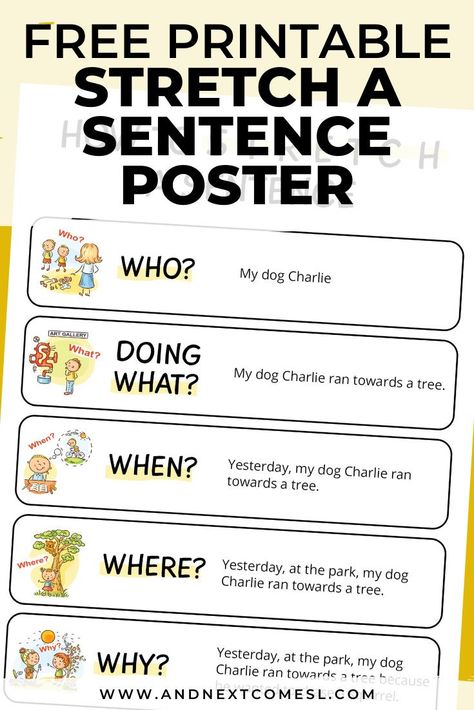 Help kids learn how to stretch a sentence using this free printable poster and blank graphic organizer worksheets that kids can fill in. #writing #homeschool #homeschooling #printables Stretching A Sentence Anchor Chart, Stretch The Sentence Writing Activities, Stretch Sentences Activities, Stretch A Sentence Worksheet, Stretching Sentences Activities, Sentence Stretching Worksheets, Stretch A Sentence Activities, Sentence Building Activities 3rd Grade, How To Stretch A Sentence