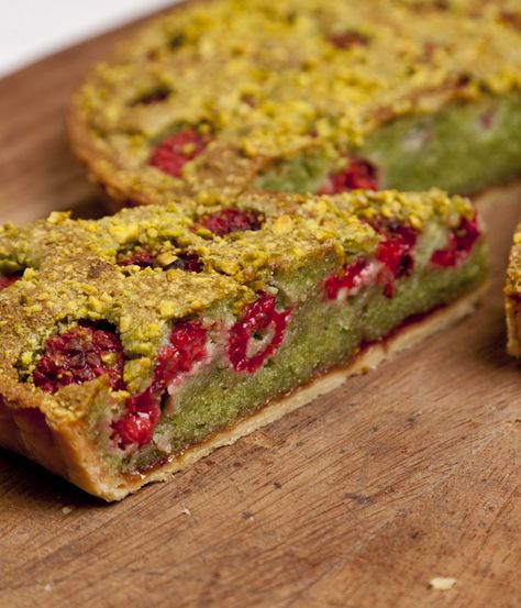 James Mackenzie's version of the Bakewell tart is given a new twist with the addition of a rich pistachio nut frangipane. Pistachio And Raspberry, Bakewell Tart Recipe, Bakewell Tart, Great British Chefs, Fresh Raspberries, Tart Recipe, Sweet Pie, Sweet Pastries, Piece Of Cake