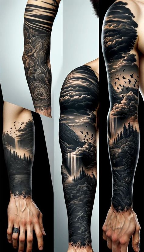 Sleeve Cover Up Tattoo Men, Forest Tattoo Sleeve, Forest Forearm Tattoo, Tattoo Avant Bras, Arm Cover Up Tattoos, Forearm Cover Up Tattoos, Cover Up Tattoos For Men, Tattoo Homme, Viking Tattoo Sleeve