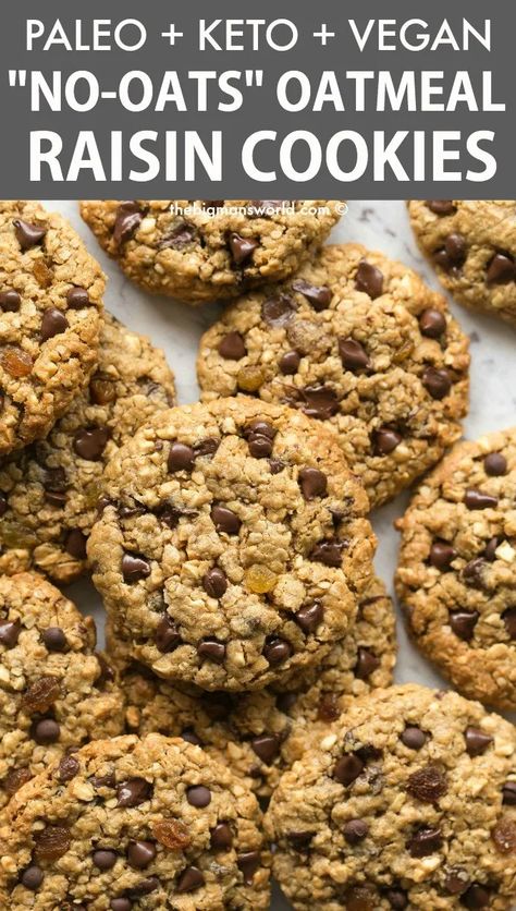 Paleo Keto Oatmeal Raisin Cookies Recipe made with NO oats and NO grains! Soft, chewy and ready in 15 minutes! the BEST keto cookie recipe that is also vegan! Keto Oatmeal Raisin Cookies, Paleo Oatmeal Raisin Cookies, Oatmeal Raisin Cookies Recipe, Raisin Cookies Recipe, Paleo Oatmeal, Keto Oatmeal, Cookie Recipes Oatmeal Raisin, Keto Cookie Recipes, Keto Chocolate Chip Cookies