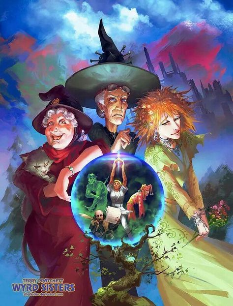 Granny Weatherwax, Nanny Ogg and Magrath - the three witches from Wyrd Sisters by Terry Pratchett Discworld Characters, Wyrd Sisters, Terry Pratchett Books, Terry Pratchett Discworld, Sisters Art, Creepy Pictures, Terry Pratchett, Witch Art, Maquillage Halloween