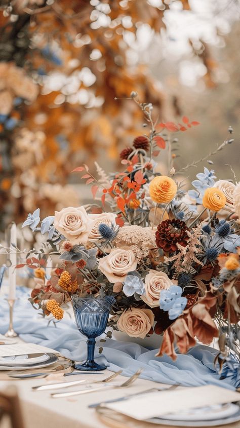 Blue Fall Wedding, Wedding Color Palette Ideas, Rusting Wedding, Fall Wedding Color Palette, Color Palette Ideas, Fall Palette, Outdoor Fall Wedding, Palette Ideas, Fall Color Palette