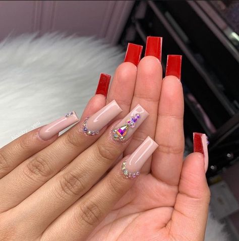 Nail Designs For Valentines Day With Initial, Pink Nails With Red Bottoms, Red Tapered Square Nails Short, Red Bottom Short Nails, Short Red Bottom Acrylic Nails, Red Bottom Nails Square, Red Bottom Nails Short, Red Short Acrylics, Red French Tip Nails With Rhinestones