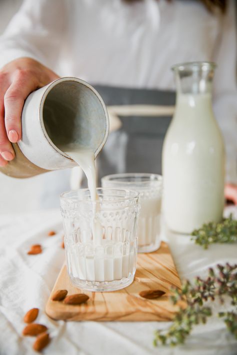 Naturally Sweetened Almond Milk — The Fond Life Dairy Products Photography, Milk Photography, Make Almond Milk, Spiced Almonds, Almond Milk Recipes, Patisserie Sans Gluten, Homemade Almond Milk, Dairy Free Ice Cream, Nut Milk Bag