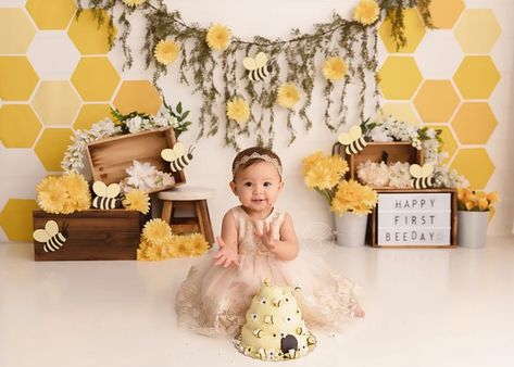 Honey Bee Photography Backdrop Yellow Floral Flowers | Etsy Bee Themed Smash Cake Photos, Bee Theme 1st Birthday Photoshoot, Bee Theme Photoshoot, Bee First Birthday Photoshoot, First Bee Day Cake Smash, Bee Cake Smash Photoshoot, Bumblebee Smash Cake, 1st Bee Day Photoshoot, Bumble Bee Smash Cake