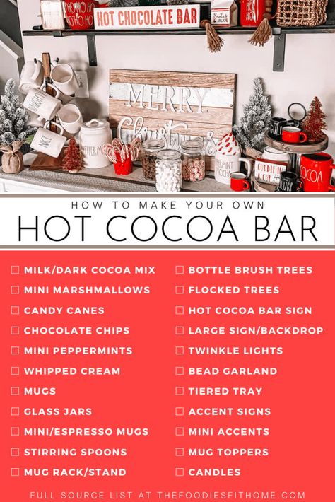 hot cocoa bar decor checklist Rustic Hot Chocolate Bar Ideas, Hot Cocoa And Cookie Bar, Elf Hot Chocolate Bar, Teacher Hot Cocoa Bar, Hot Coco Bar Toppings, Hot Chocolate Bar Ingredients, How To Set Up A Hot Cocoa Bar, Hot Cocoa Bar Ingredients, Hot Cocoa Bar For Teachers