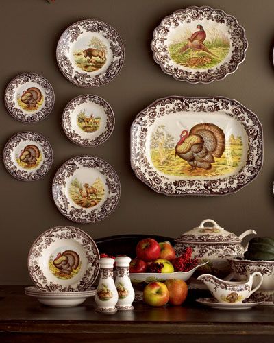 H1L0T Spode Turkey Dinner Plates, Set of 4 Thanksgiving Display, Rimmed Plates, Thanksgiving Dinnerware, Spode Woodland, Turkey Plates, Thanksgiving Plates, Turkey Salad, Turkey Platter, Season Decor