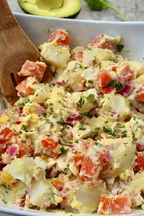 Dominican Potato Salad (Ensalada Rusa) Texas Roadhouse Salad Recipe, Dominican Potato Salad, Creamy Potatoes, Recipe For Summer, Potato Salad Recipe, Simple Dinner, Creamy Potato, Potatoe Salad Recipe, Recipe Steps