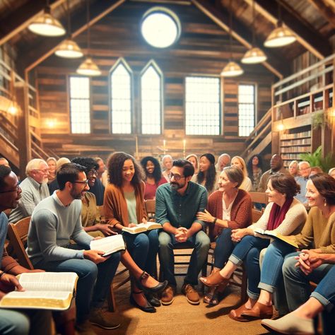 An image depicting a warm and inviting scene of a diverse group of people gathered in a cozy, rustic church setting, sharing a moment of connection and support. They are seated in a semi-circle, some with open Bibles on their laps, engaged in deep conversation and listening attentively to one another. The atmosphere is filled with a sense of community and closeness, embodying the concept of... Diverse Group Of People, Communication Pictures, Angel Light, Church Community, Deep Conversation, Open Bible, Sense Of Community, Bible Images, Deeper Conversation