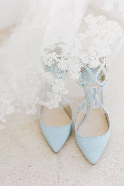 Pretty pastel wedding shoes add a subtle pop of color as the bride's 'something blue' Blue Shoes Bride, Light Blue Wedding Shoes, Blue Heels Wedding, Jimmy Choo Wedding Shoes, Blue Bridal Shoes, Light Blue Shoes, Light Blue Wedding, Blue Wedding Shoes, Wedding Shoes Bride