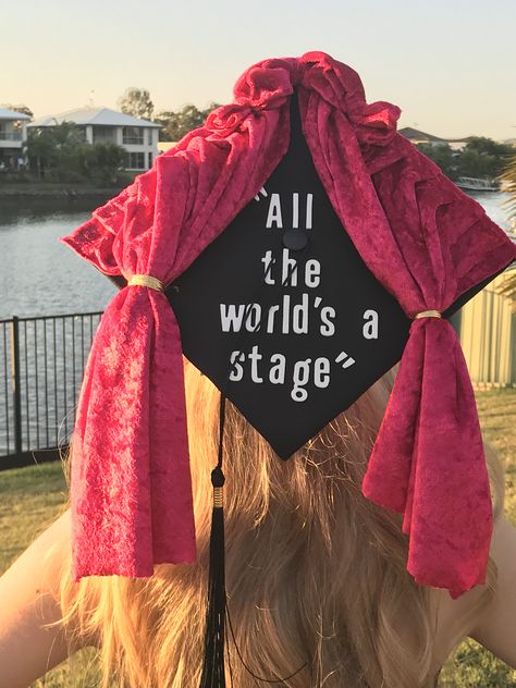 Grad Cap Ideas Musical Theatre, Theatre Grad Cap, Graduation Cap Designs Theatre, Theater Graduation Cap, Theatre Graduation Cap, Grad Fits, Senior Board, Graduation Cap Decoration Diy, College Graduation Cap Decoration