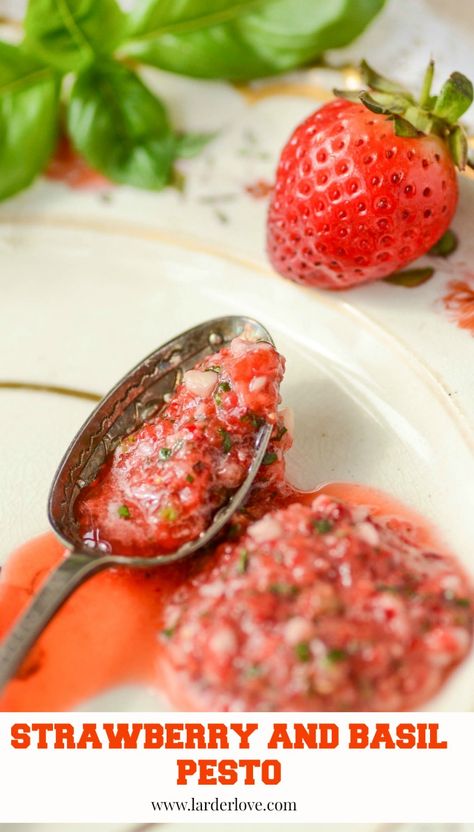 STRAWBERRY BASIL PESTO strawberry basil pestoLarder Love larder love Basil Recipes Vegan, Fresh Basil Recipes, Dessert Sauce, Strawberry Basil, Basil Recipes, Lime Sauce, Summer Eating, Dessert Sauces, Dinner Plan