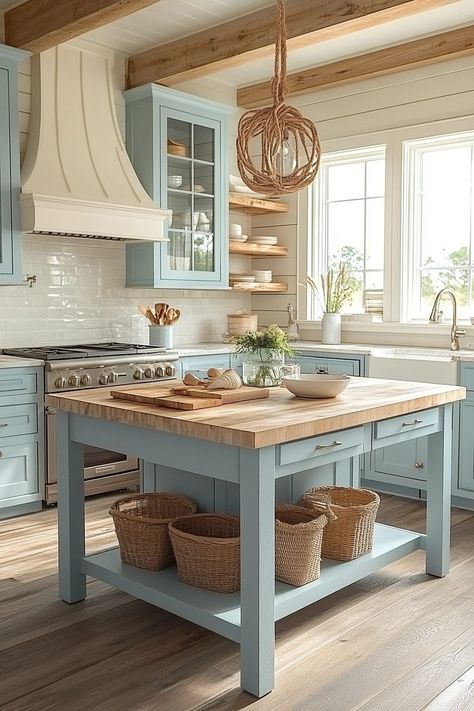 29 Coastal Farmhouse Kitchen Ideas for a Breezy Cooking Space 1 Light Blue And Wood Kitchen, Rustic Beach House Kitchen, Rustic Coastal Kitchen, Coastal Farmhouse Kitchen Decor, Rope Drawer Pulls, Small Coastal Kitchen, Lantern Pendant Lights, Coastal Boho Kitchen, Ship Lantern