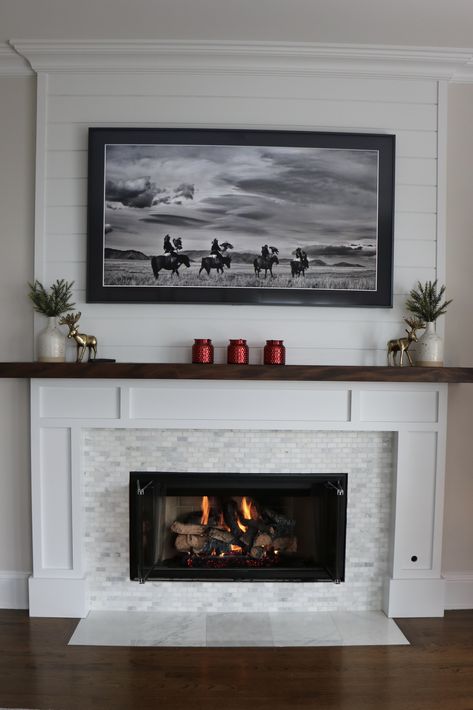 Diy Traditional Fireplace Mantle, Fireplace Ideas Wood Mantle, Updated Fireplace Mantle, Hamptons Fireplace Ideas, Updated Mantle Fireplace Redo, Mantle Design Ideas, Hampton Fireplace, Fireplace Mantle With Tv, Tile Fireplace With Wood Mantle