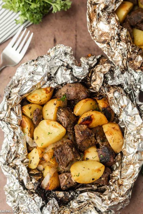 Steak and Potato Foil Pack Campfire Potatoes Foil, Steak And Potato Foil Pack Oven, Steak Foil Packets For The Grill, Steak Potatoes Foil Pack In Oven, Steak Foil Packets For The Oven, Steak And Potato Foil Pack, Steak Foil Packets, Grilled Foil Packets, Seasoned Steak