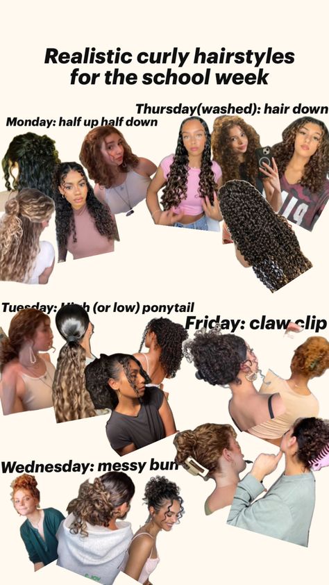 Curly Hair Bitmoji, Low Manipulating Curly Hair Styles, Weekly Hairstyles For School, Full Week Of Hairstyles, Simple Twist Hairstyles, Curly Hair Types Charts, Curly Fall Hairstyles, Curly Winter Hairstyles, Irish Curls