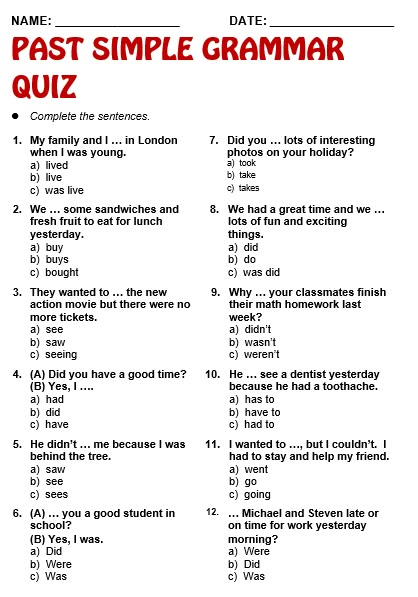 Picture Past Simple Grammar, Past Simple Exercises, Simple Past Worksheet, Simple Past, Past Simple Worksheets, Past Simple, Simple Past Tense Worksheet, Past Tense Worksheet, English Grammar Test