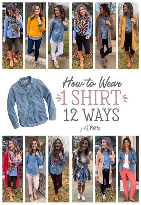 A great Chambray shirt styled 12 different ways! Perfect piece for any wardrobe and can be worn in so many different ways. #ShopStyle #MyShopStyle #justposted #Chambray #HowtoWear Trendy Teacher Outfits 2023, Black Leggings Outfit Winter, Looks Camisa Jeans, Chambray Shirt Outfits, Womens Chambray Shirt, New Look Clothes, Ținute Business Casual, Looks Jeans, Teaching Outfits