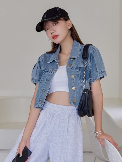 Medium Wash Casual  Short Sleeve Denim Plain Shirt  Non-Stretch  Women Denim Reworked Clothes, Denim Top Women, Short Sleeve Denim, Denim Jacket Short, Jean Jacket Outfits, Crop Top With Jeans, Denim Jacket Outfit, Plain Shirt, Dress Princess